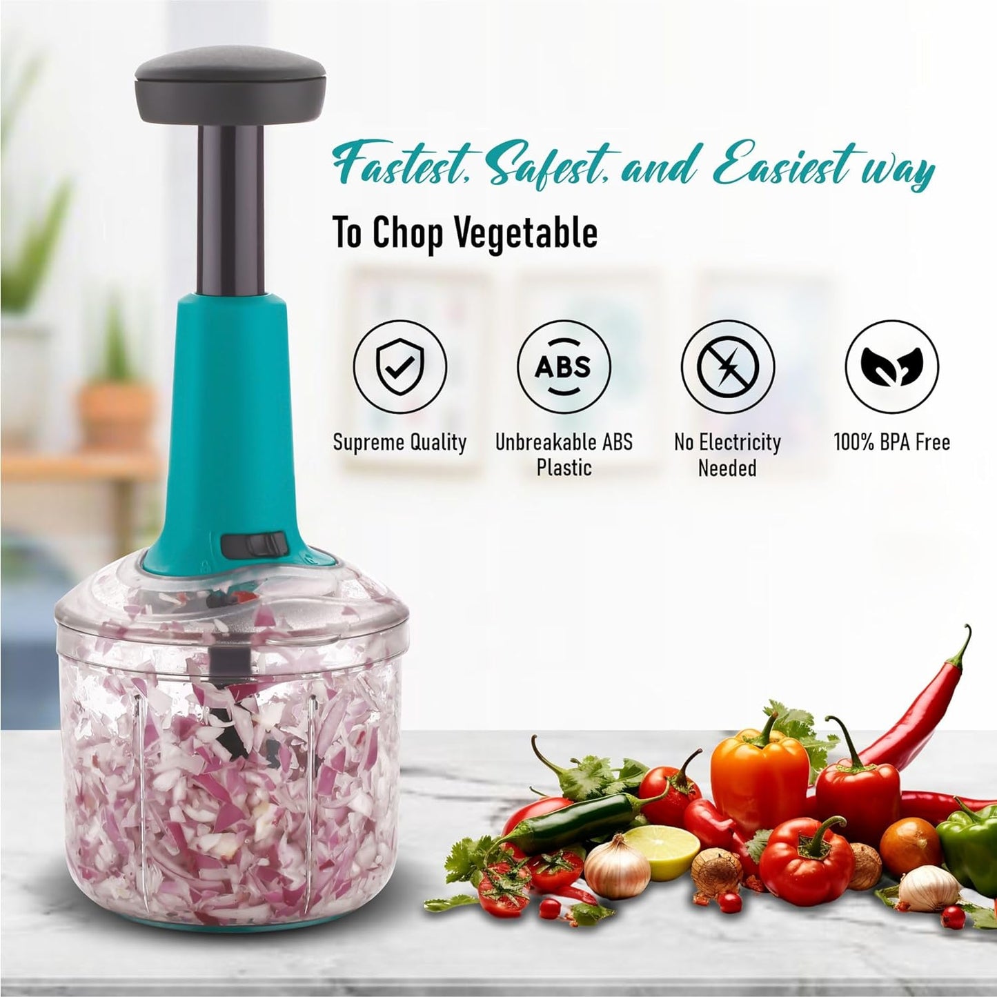 REZEK Convenient 900ml Hand Press Vegetable Chopper with 5 Sharp Stainless Steel Blades