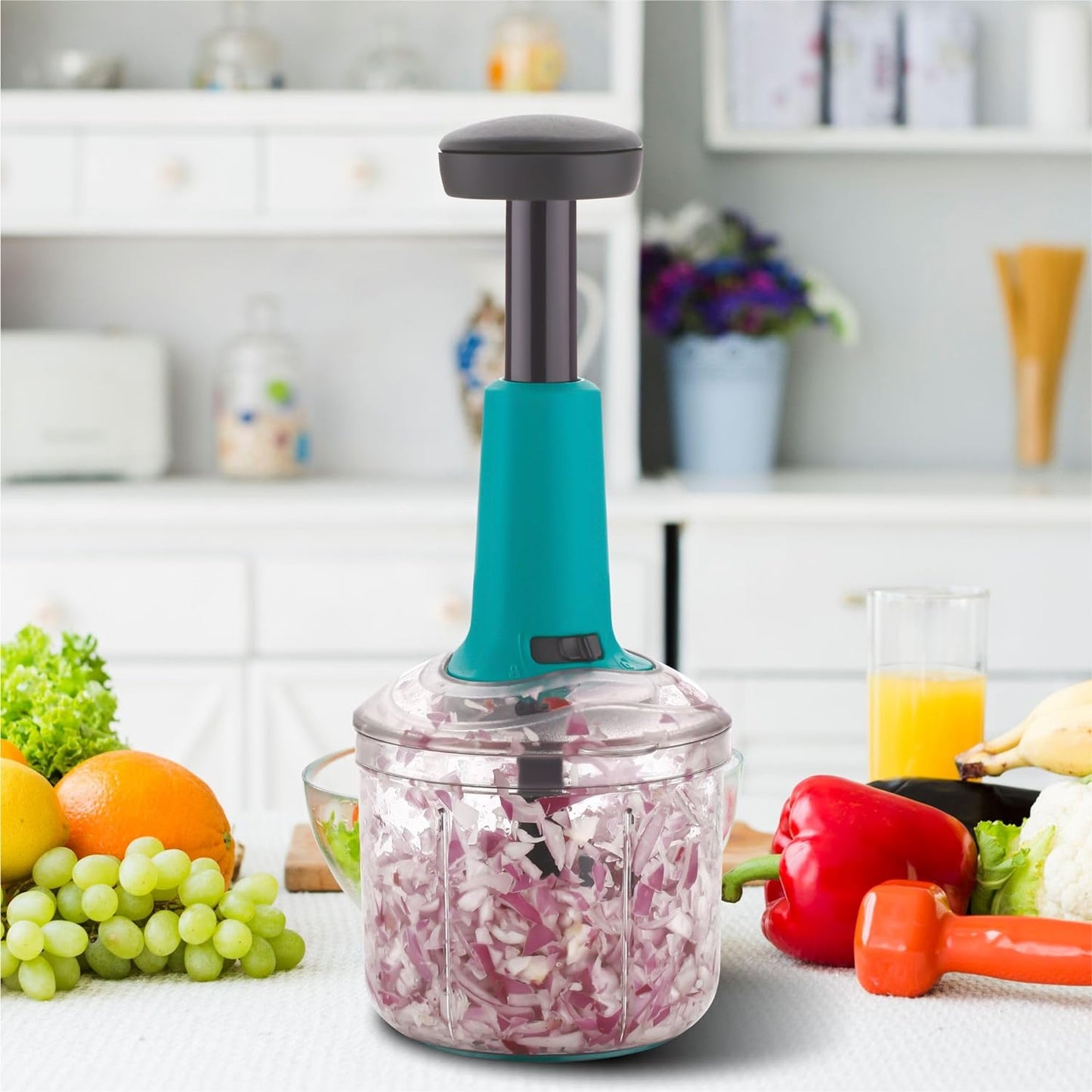 REZEK Convenient 900ml Hand Press Vegetable Chopper with 5 Sharp Stainless Steel Blades