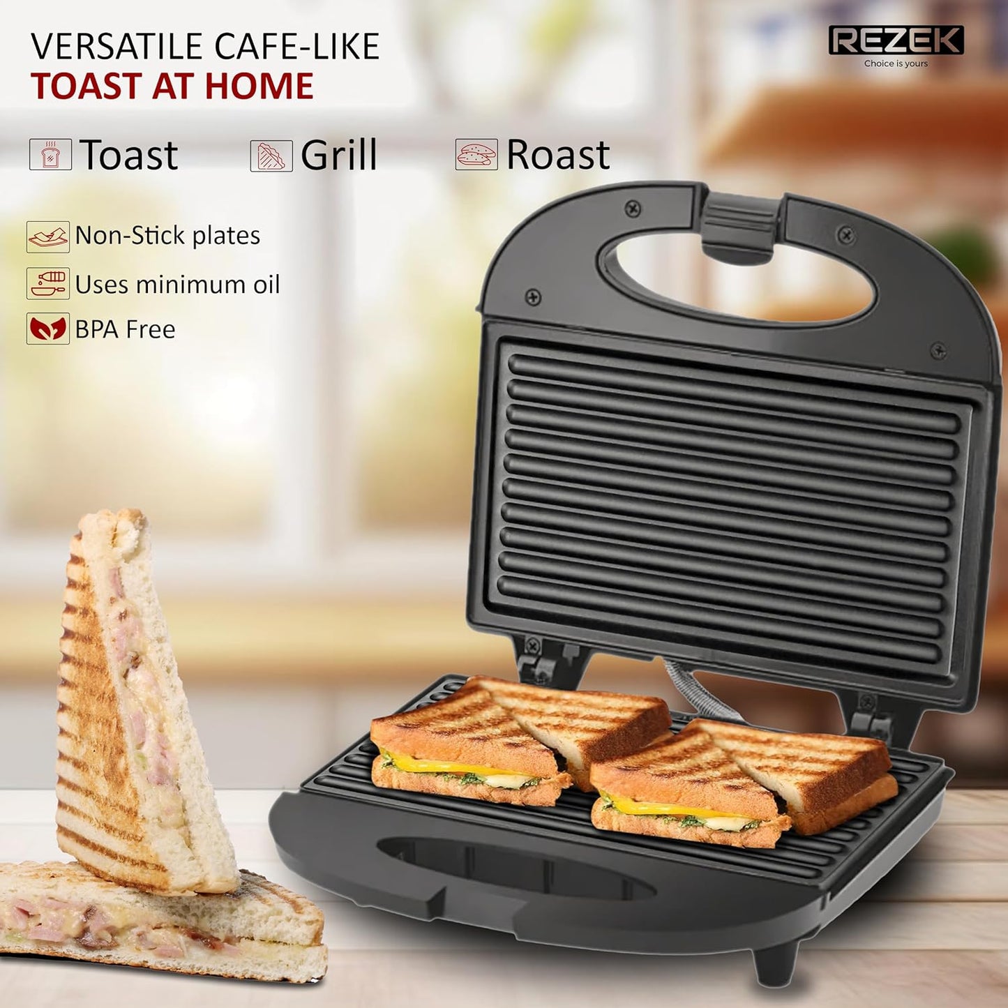 REZEK Grilled Sandwich Maker Machine Toaster Make 750W - Black