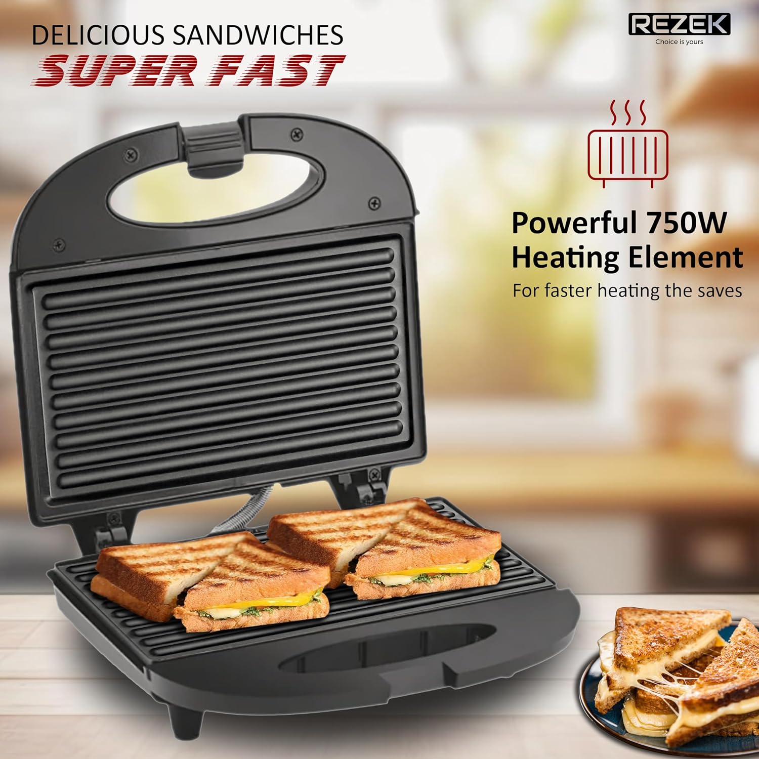 REZEK Grilled Sandwich Maker Machine Toaster Make 750W Black Rezek