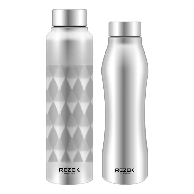 REZEK Aqua Stainless Steel Water Bottle for School Office Home Gym, Travel, Water Flask, 2 Pcs, 1000 ML Each, Silver