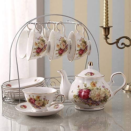 Rezek Luxury White & Red Rose Flower Cups Set of 6 With Kettle Saucer Spoon Sugar Pot Milk Pot & Metal Holder Complete Tea Set