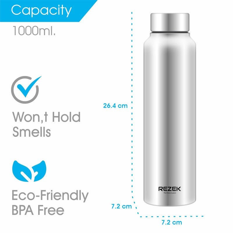 REZEK Aqua Stainless Steel Water Bottle for School Office Home Gym Travel, Water Flask Prime Model 1 PC, 1000 ML, Silver