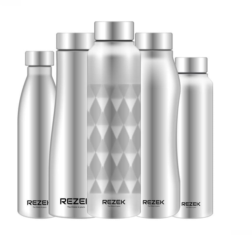 REZEK Aqua Stainless Steel Water Bottle for School Office Home Gym Travel, Water Flask Aquatic Model 5 Pcss, 1000 ML Each, Silver