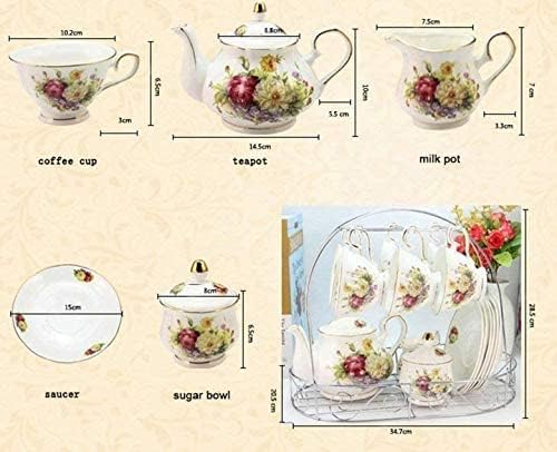 Rezek Luxury White & Red Rose Flower Cups Set of 6 With Kettle Saucer Spoon Sugar Pot Milk Pot & Metal Holder Complete Tea Set