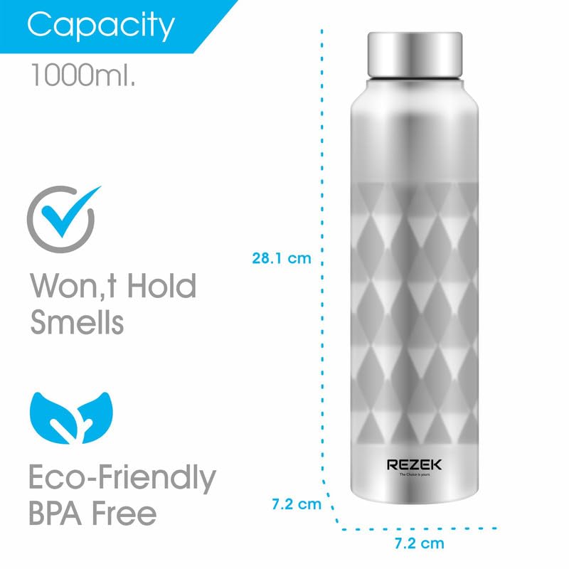 REZEK Aqua Stainless Steel Water Bottle for School Office Home Gym, Travel, Water Flask, 2 Pcs, 1000 ML Each, Silver