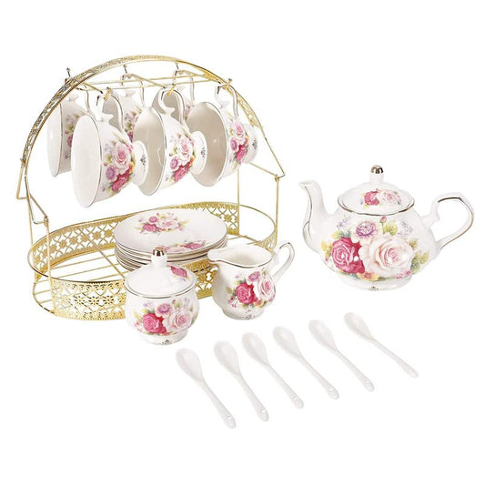 REZEK Luxury White and Floral Design Tea Set with 6 Cups, 6 Saucer, 6 Spoon, 1 Tea Kettle, 1 Sugar Bowl & 1 Milk Pot, 1 Hob