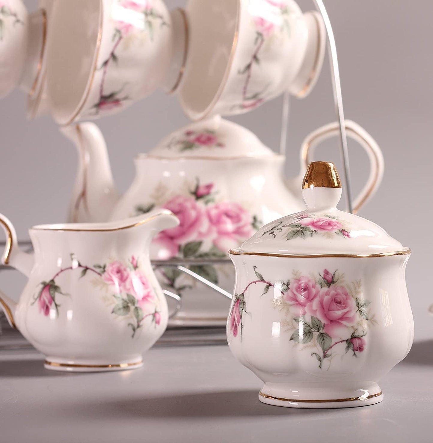 REZEK Luxury White and Floral Design Tea Set with 6 Cups, 6 Saucer, 6 Spoon, 1 Tea Kettle, 1 Sugar Bowl & 1 Milk Pot, 1 Hob