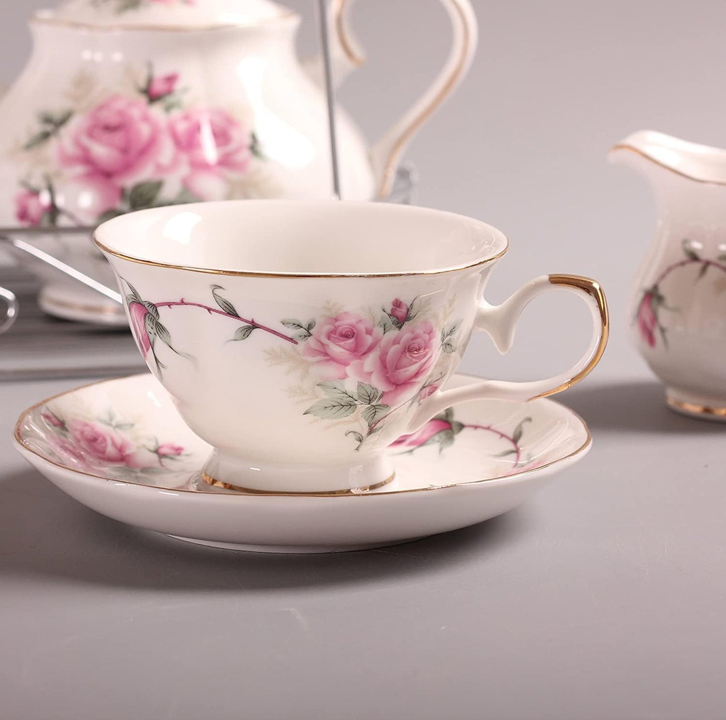 REZEK Luxury White and Floral Design Tea Set with 6 Cups, 6 Saucer, 6 Spoon, 1 Tea Kettle, 1 Sugar Bowl & 1 Milk Pot, 1 Hob