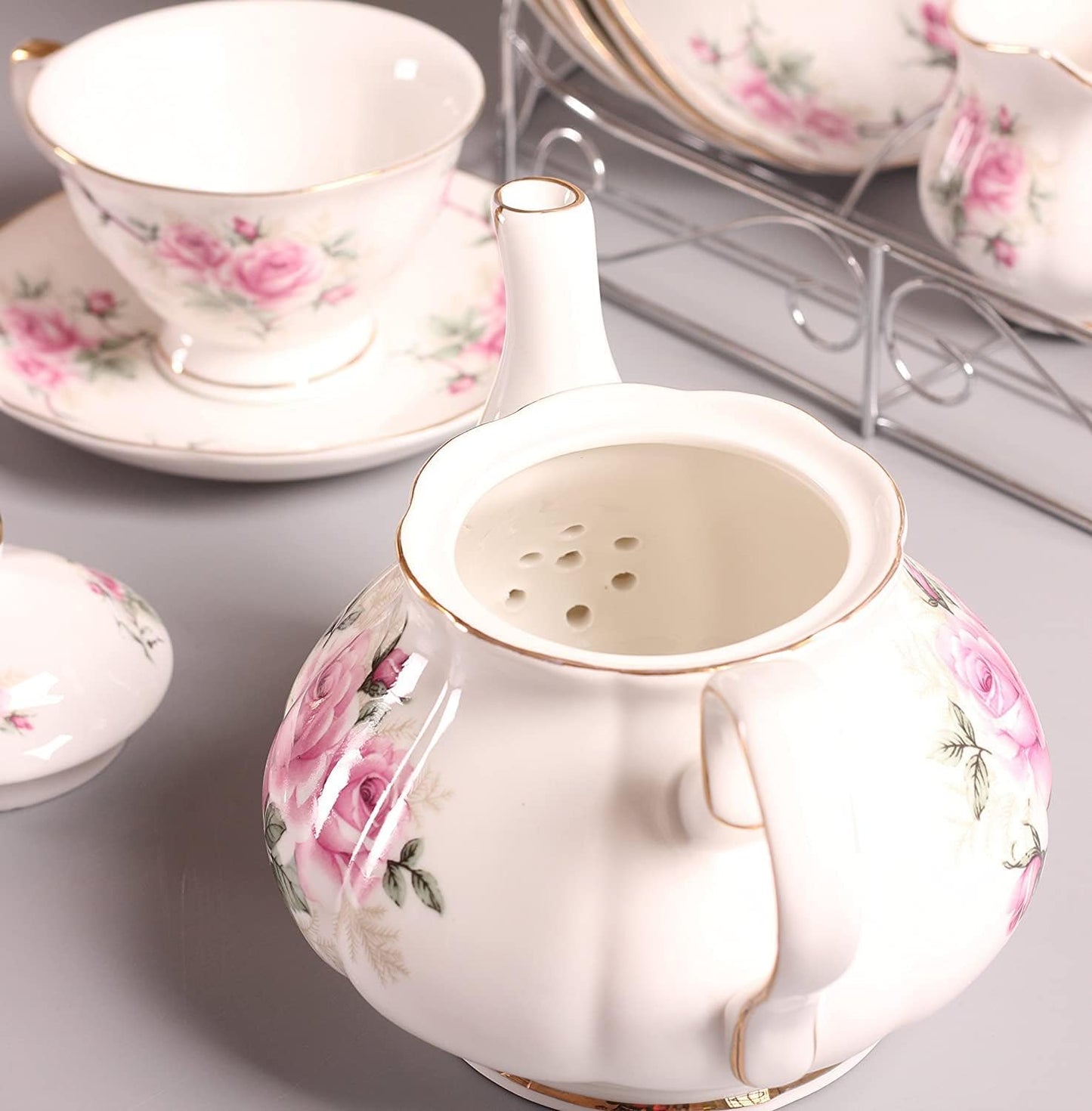 REZEK Luxury White and Floral Design Tea Set with 6 Cups, 6 Saucer, 6 Spoon, 1 Tea Kettle, 1 Sugar Bowl & 1 Milk Pot, 1 Hob