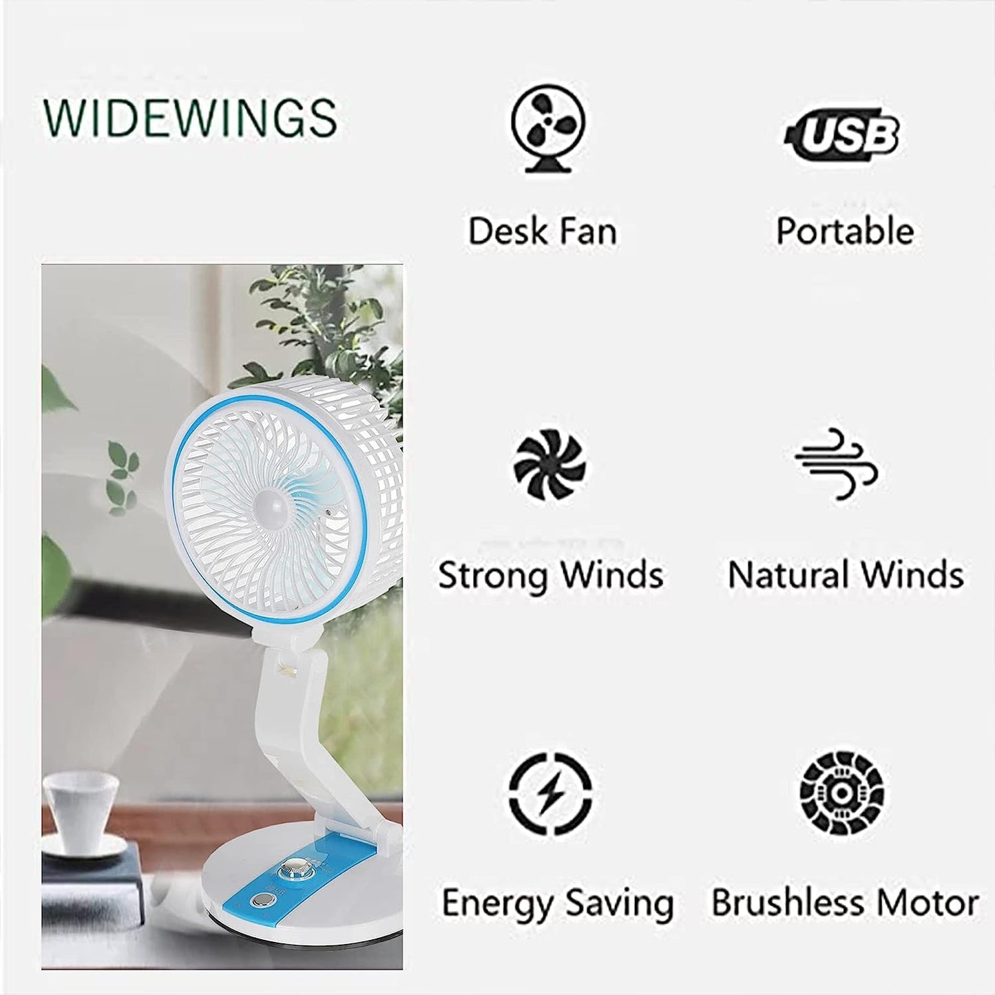 REZEK Portable Folding Fan, Rechargeable Standing Pedestal USB Fan, 3 Speeds, 1600 mAh