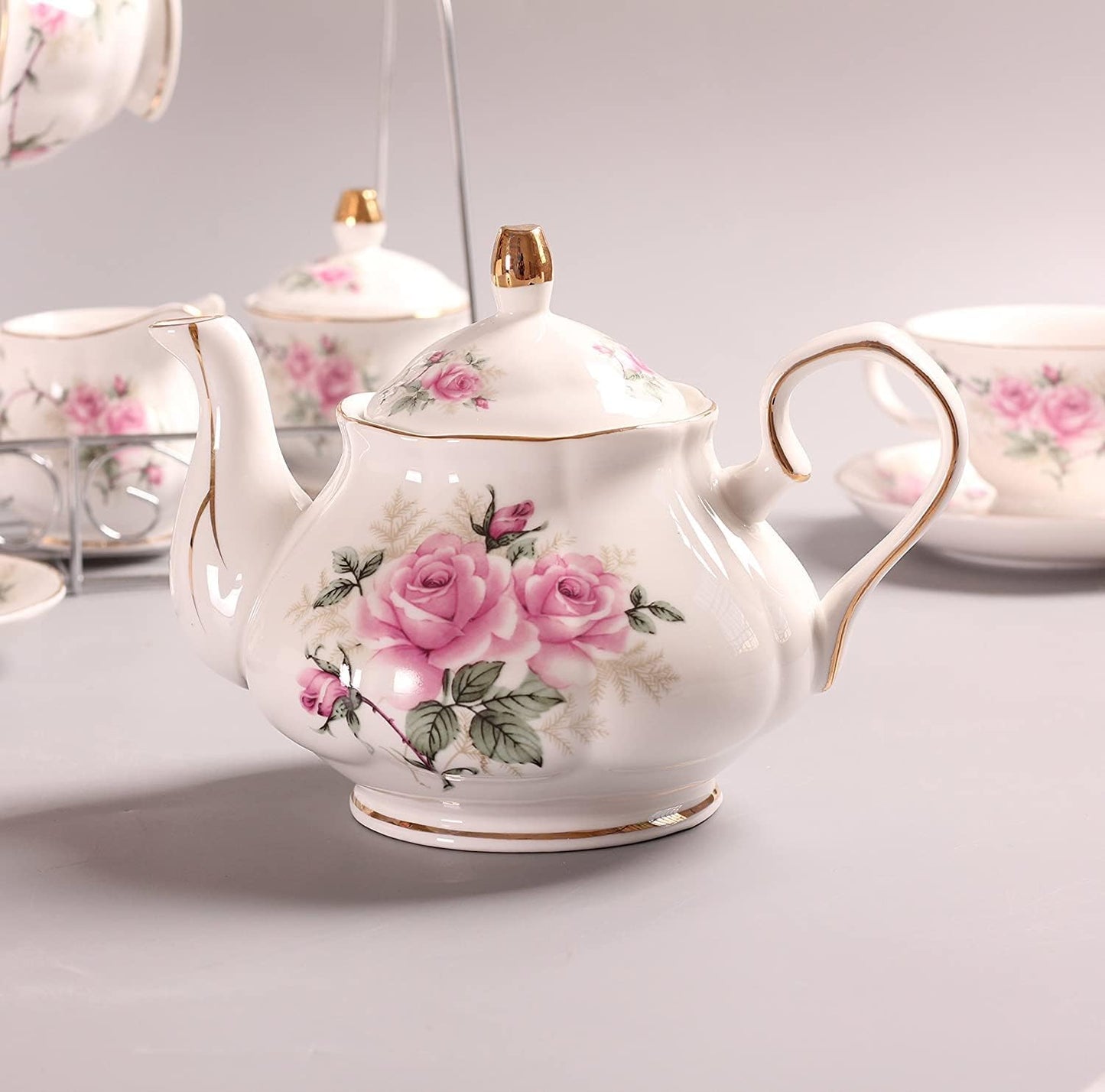 REZEK Luxury White and Floral Design Tea Set with 6 Cups, 6 Saucer, 6 Spoon, 1 Tea Kettle, 1 Sugar Bowl & 1 Milk Pot, 1 Hob