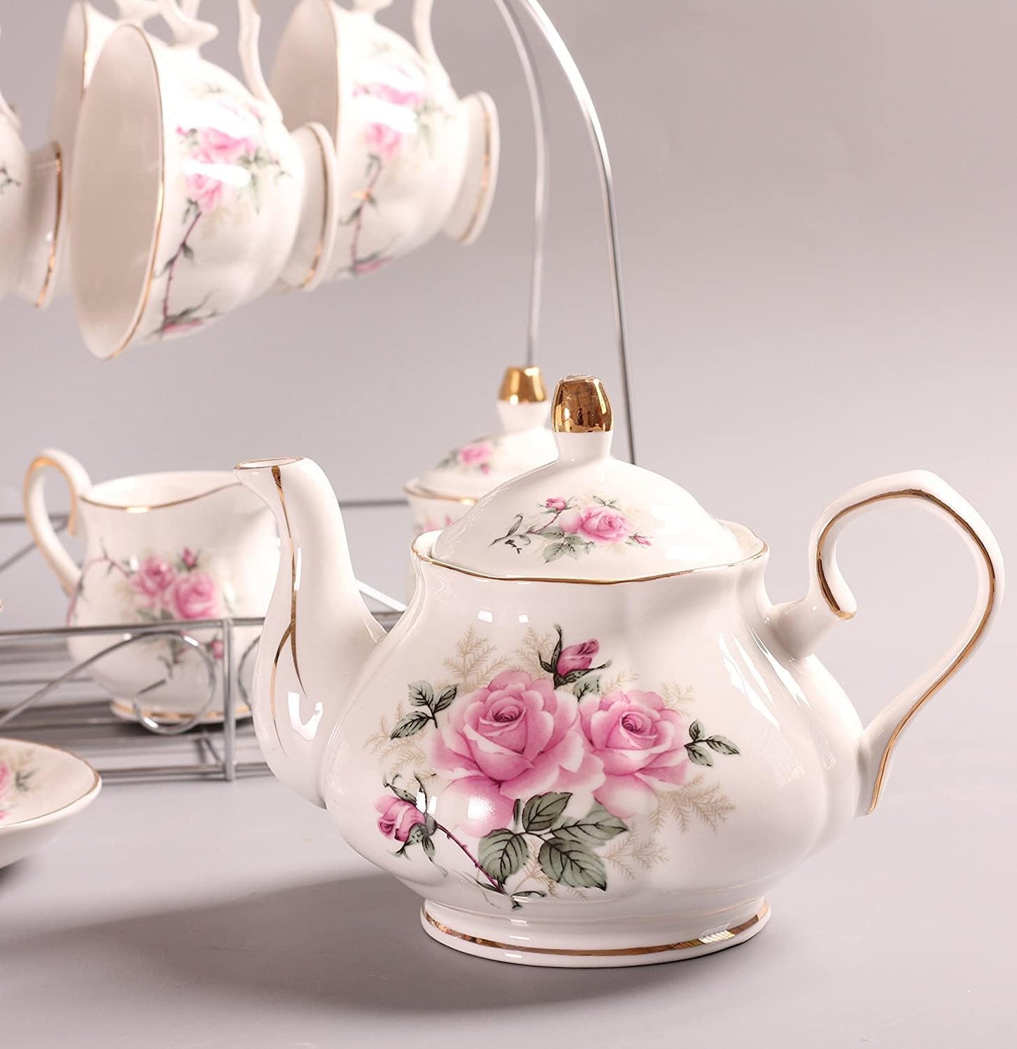 REZEK Luxury White and Floral Design Tea Set with 6 Cups, 6 Saucer, 6 Spoon, 1 Tea Kettle, 1 Sugar Bowl & 1 Milk Pot, 1 Hob