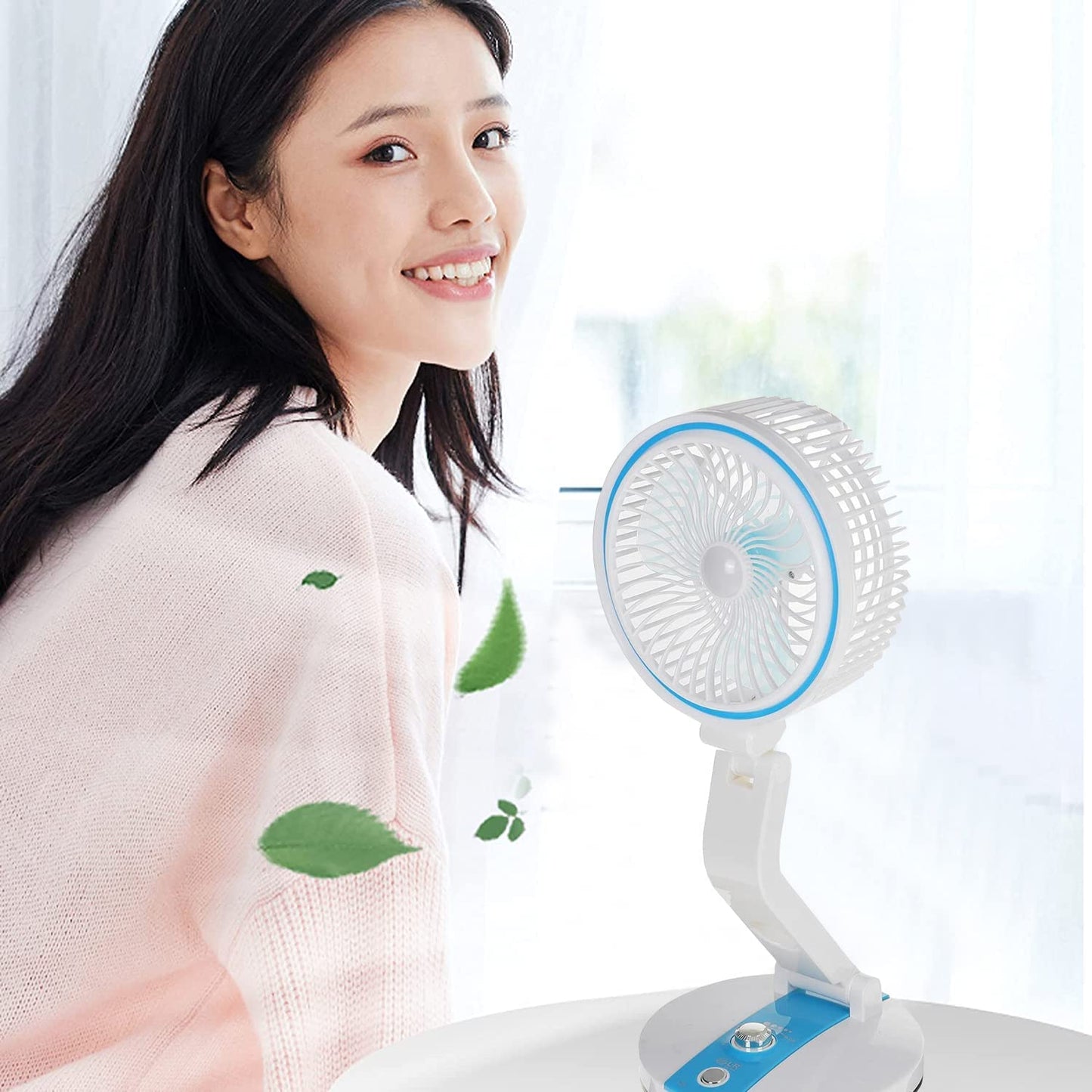 REZEK Portable Folding Fan, Rechargeable Standing Pedestal USB Fan, 3 Speeds, 1600 mAh