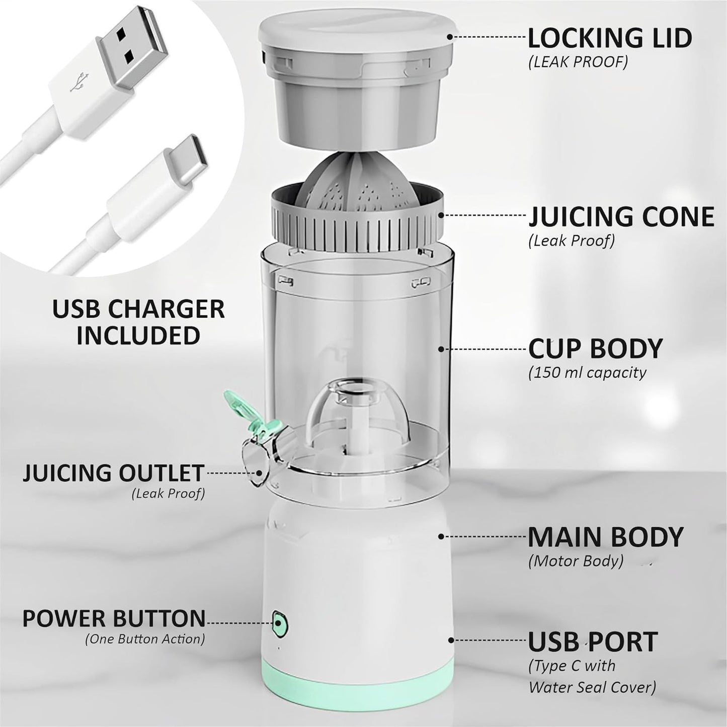 Rechargeable Citrus Juicer 45W : Portable, USB-C Charge, BPA-Free - Rezek