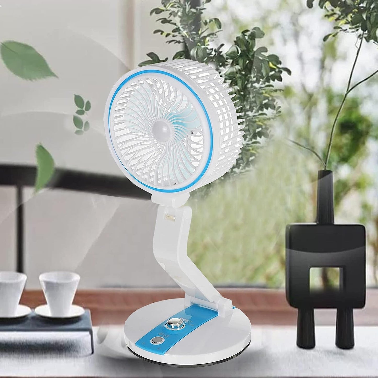 REZEK Portable Folding Fan, Rechargeable Standing Pedestal USB Fan, 3 Speeds, 1600 mAh