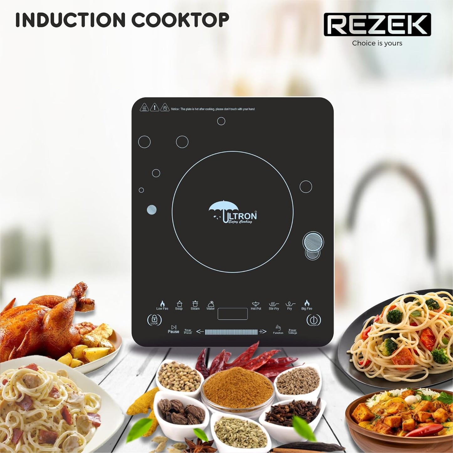 Rezek Ultron Collection Electric Touch Induction Cooktop 2000 Watt with Large Surface Copper Crystal Glass